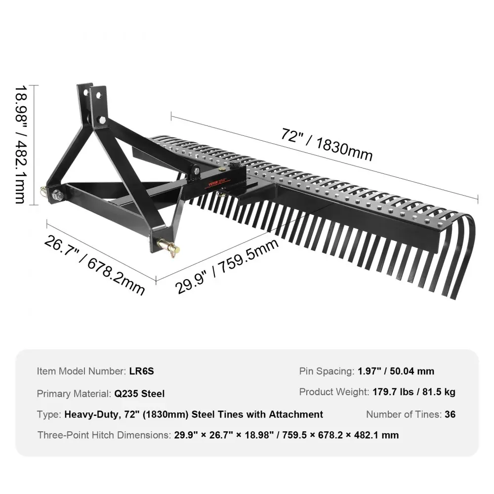 Vučeni aerator 183 cm (72”) – 3-točkovni dethatcher s 36 opruga za traktor - Slika 15