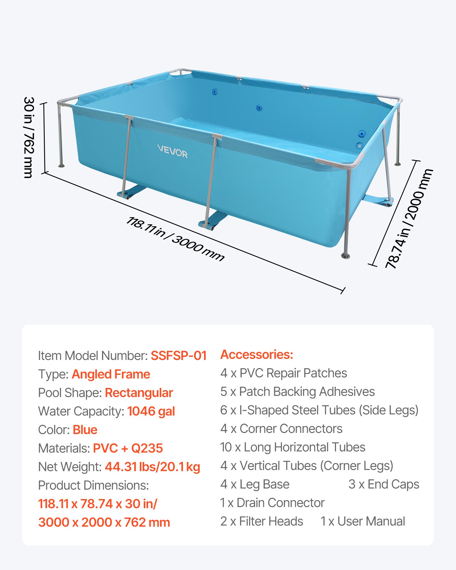 VEVOR metalni montažni bazen 300 x 200 x 76 cm - Slika 20