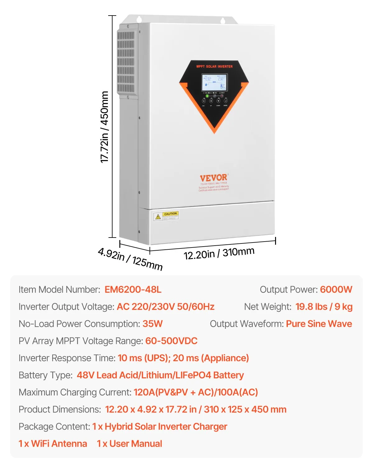 VEVOR EM6200-48L hibridni solarni inverter 6000 W 48 V - Slika 7