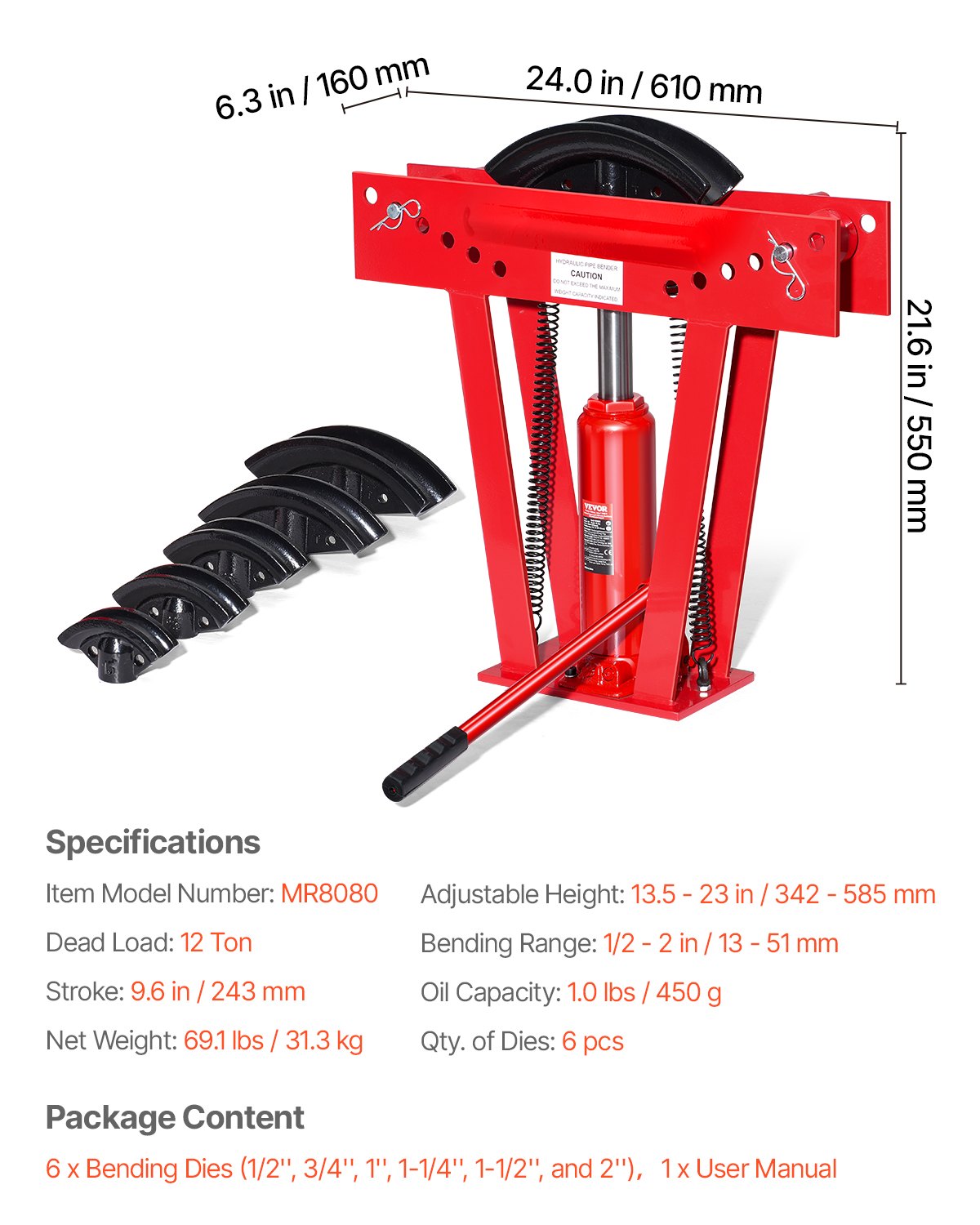 VEVOR MR8080 hidraulični savijač cijevi 12 t, 13–51 mm - Slika 7