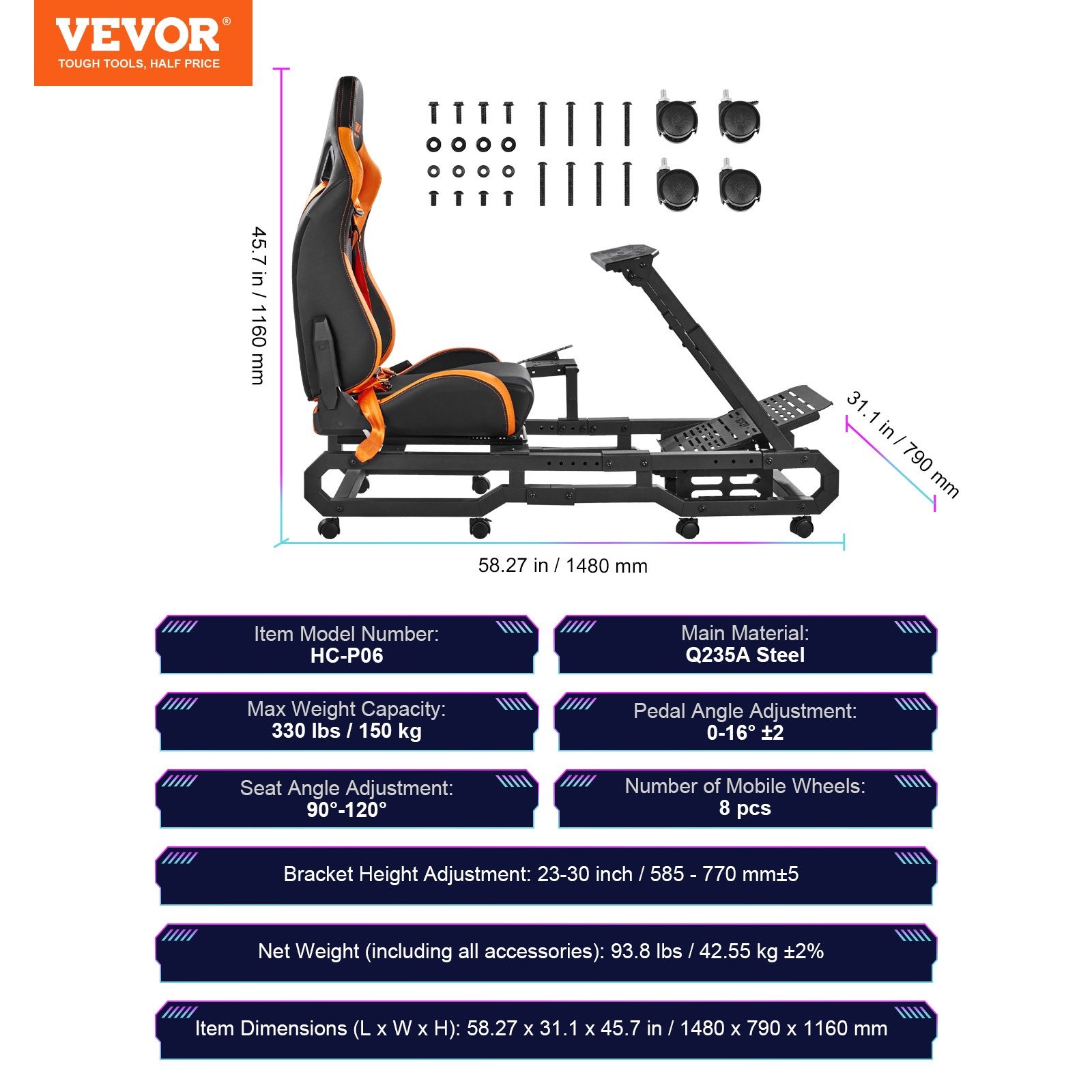 VEVOR HC-P06 trkaći kokpit za Logitech, nosivost 150 kg - Slika 7