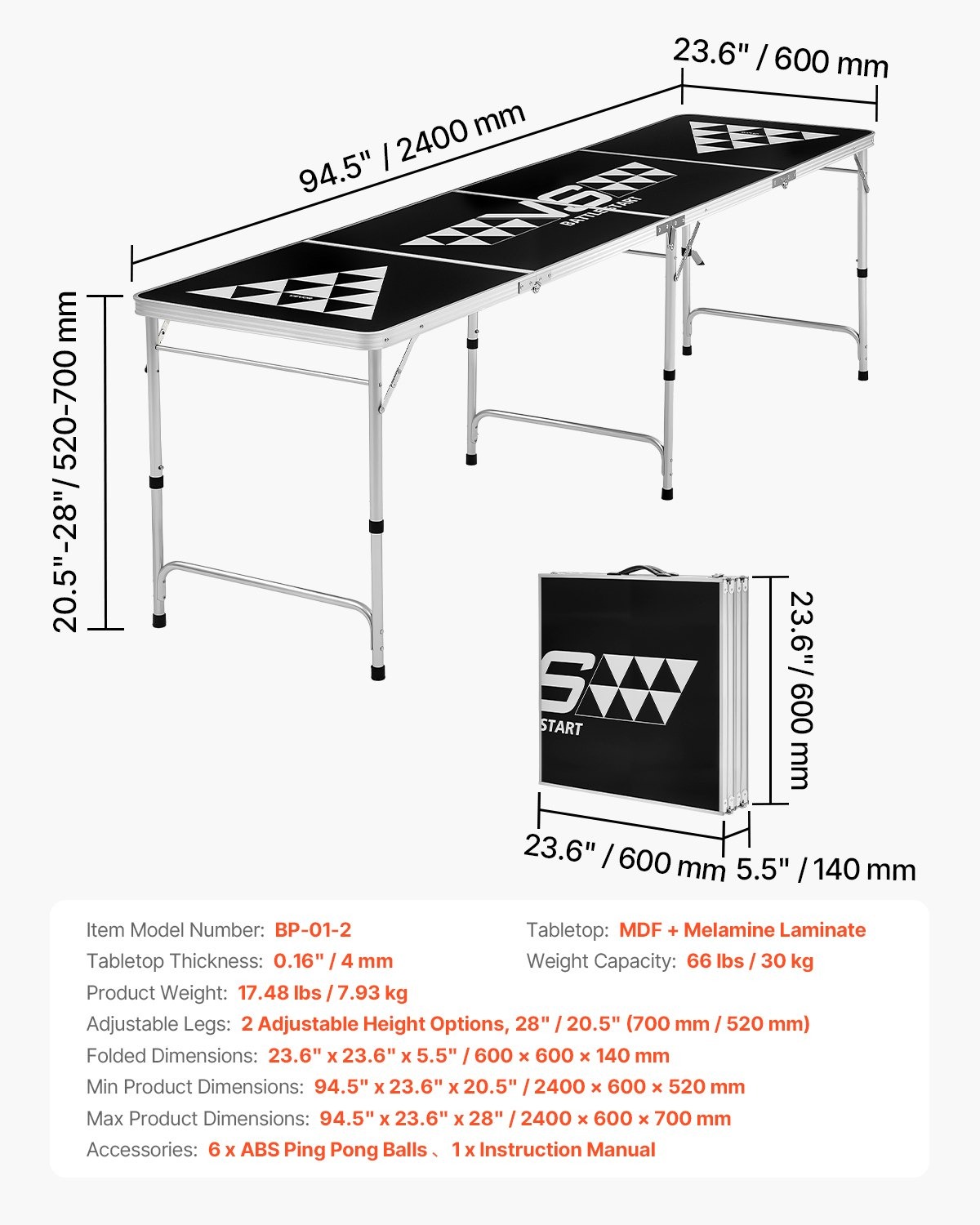 VEVOR BP-01-2 sklopivi stol za pivski pong 2,4 m - Slika 7