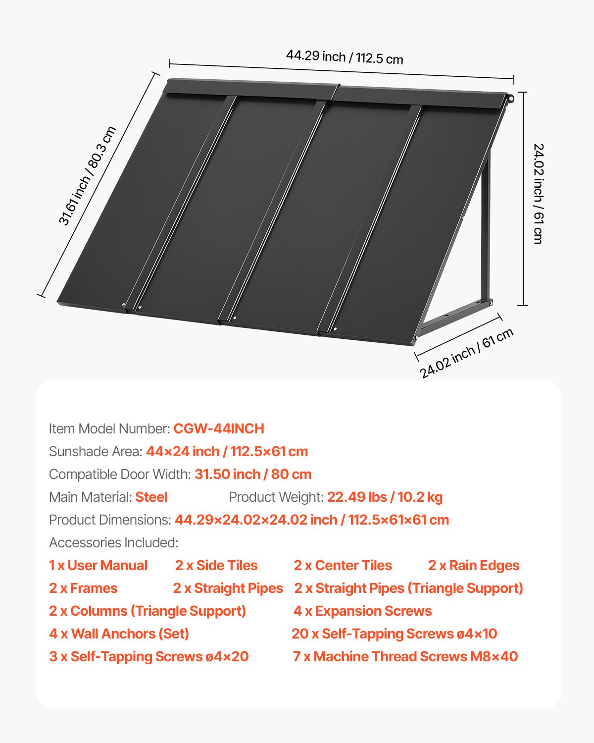 VEVOR metalna nadstrešnica za vrata 112 x 61 cm - Slika 7