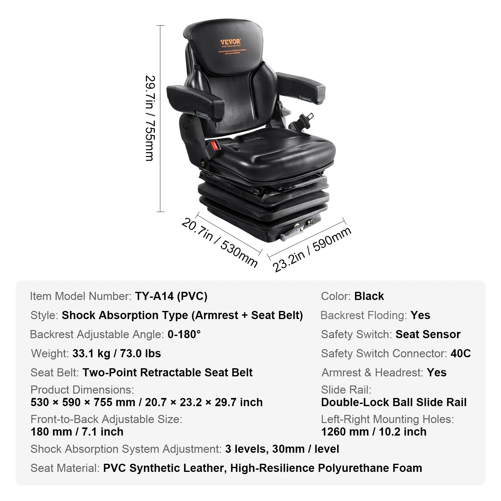 VEVOR TY-A14 univerzalno amortizirano sjedalo za traktor - Slika 7