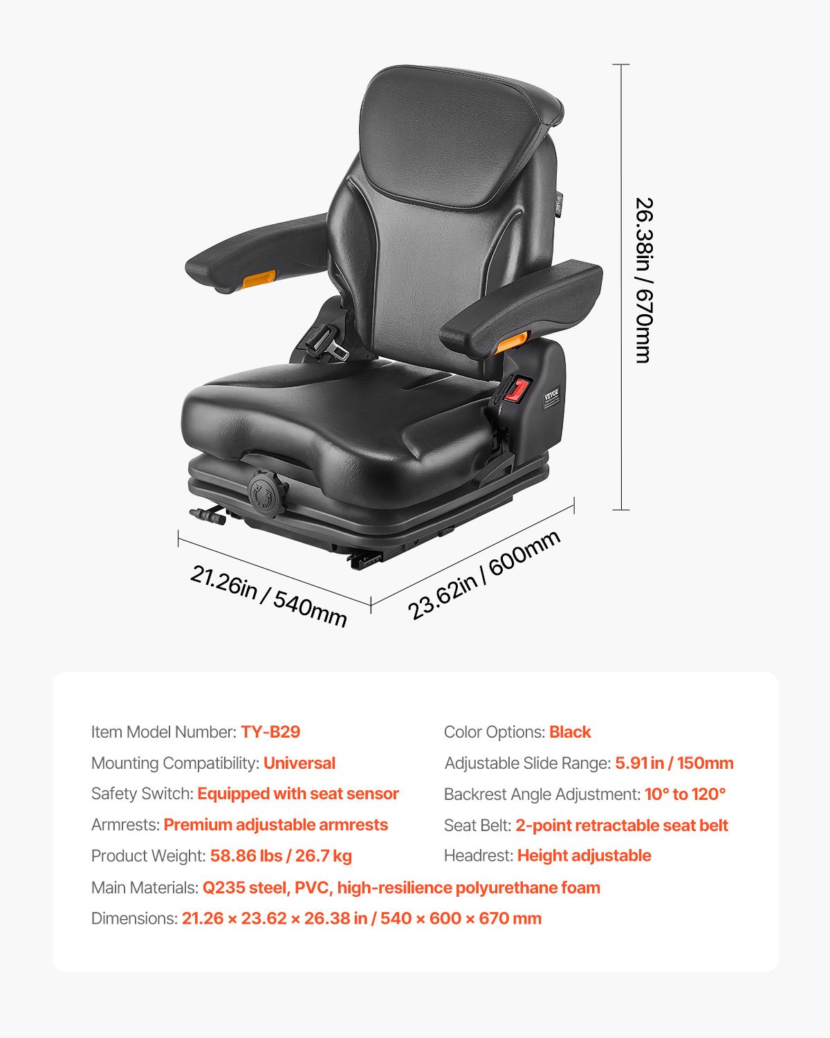 VEVOR TY-B29 univerzalno sjedalo za viličar i traktor - Slika 7