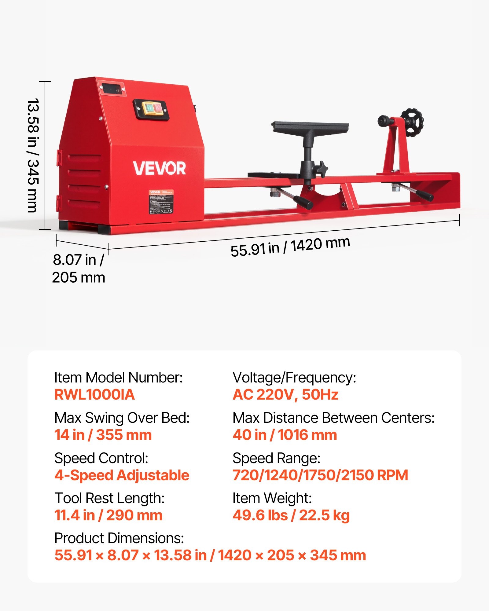 VEVOR tokarski stroj za drvo RWL1000IA 375 W - Slika 7