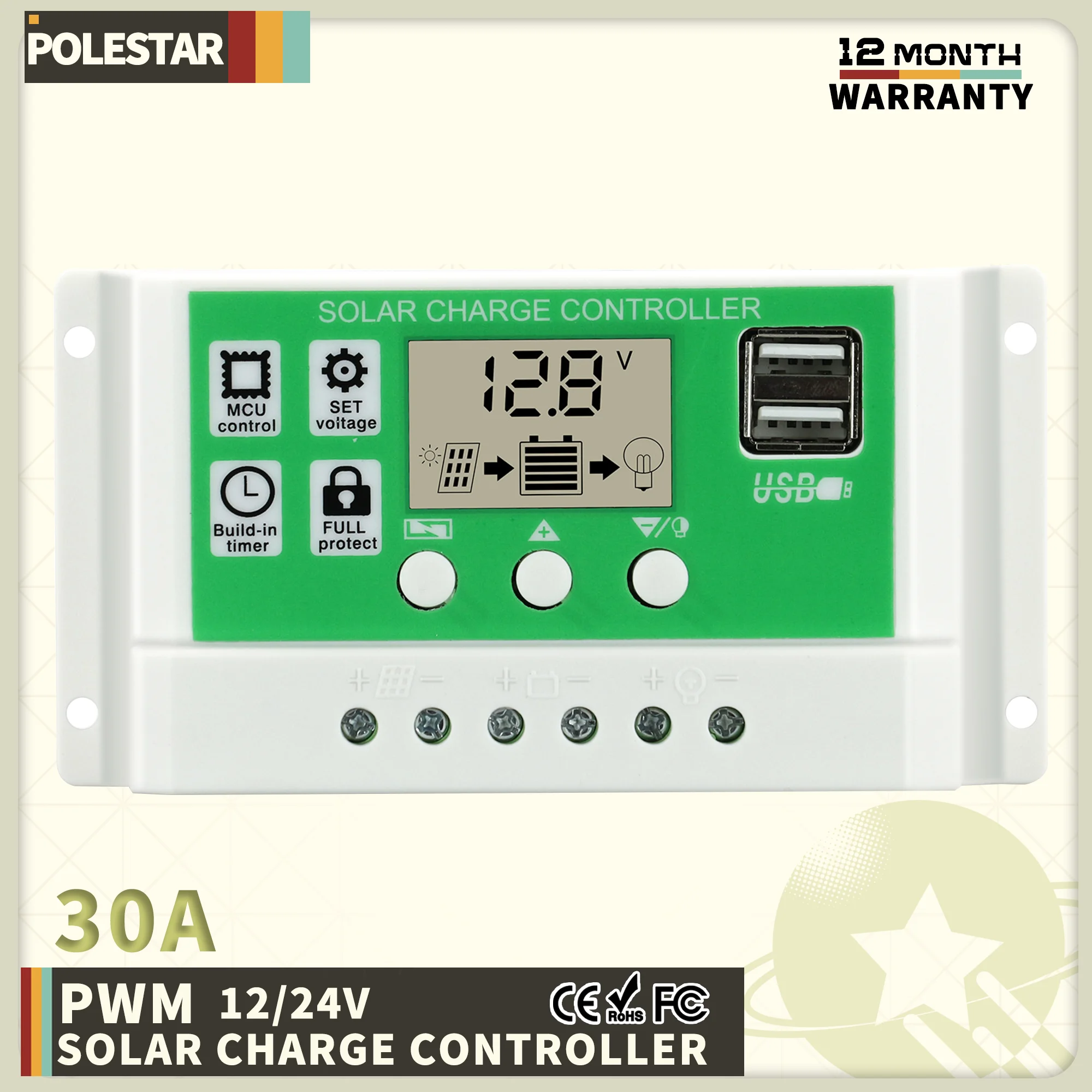 Polestar PWM solarni regulator punjenja 10A–30A 12V/24V