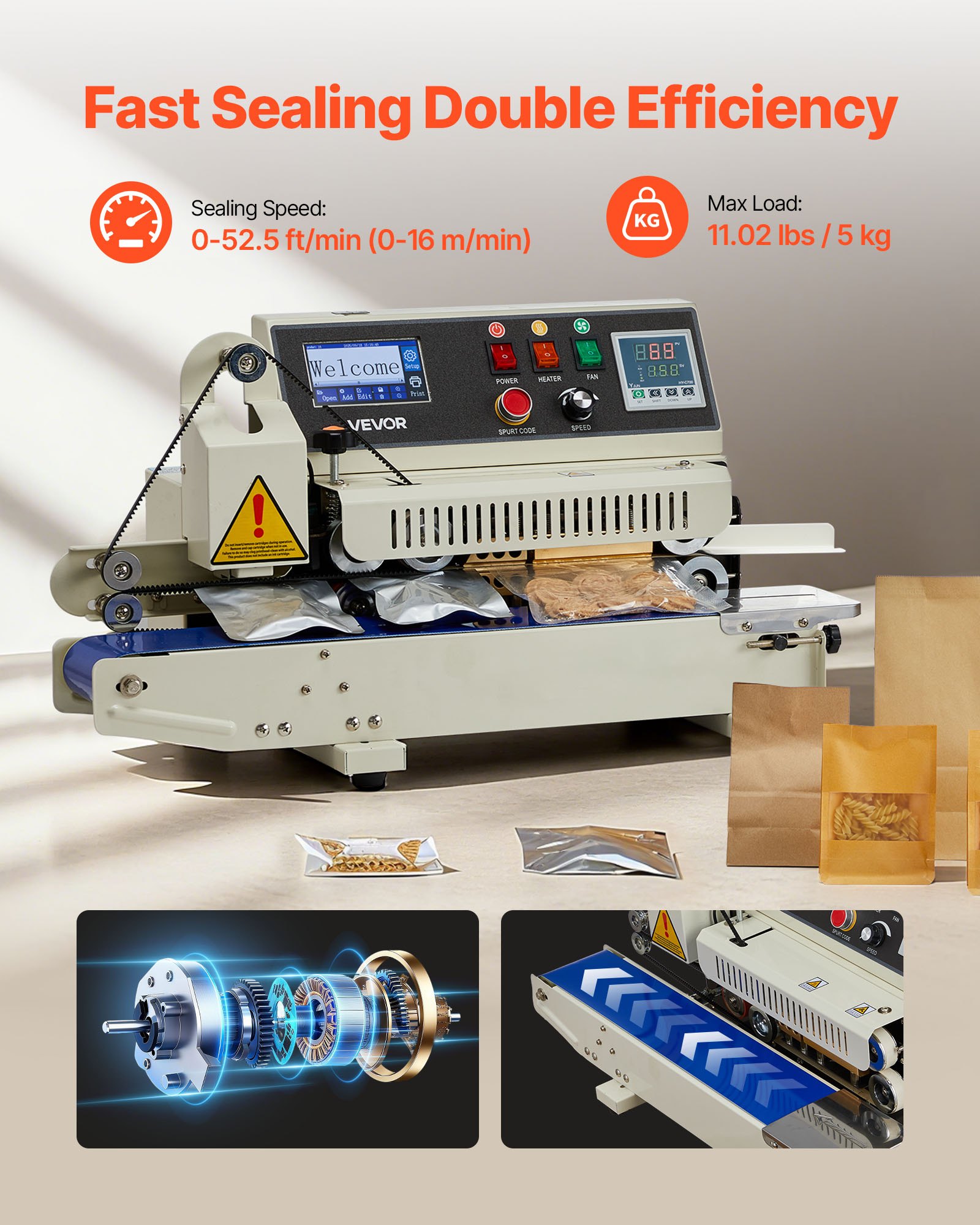 VEVOR PM1800 kontinuirani stroj za zatvaranje vrećica - Slika 2