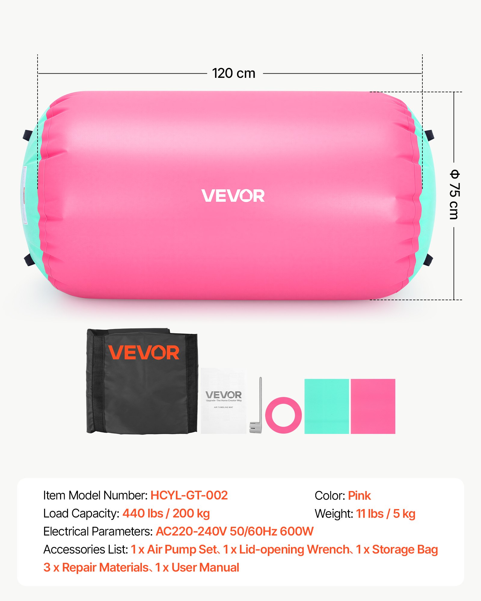 VEVOR gimnastički zračni valjak 120 x 75 cm, ružičasti - Slika 7